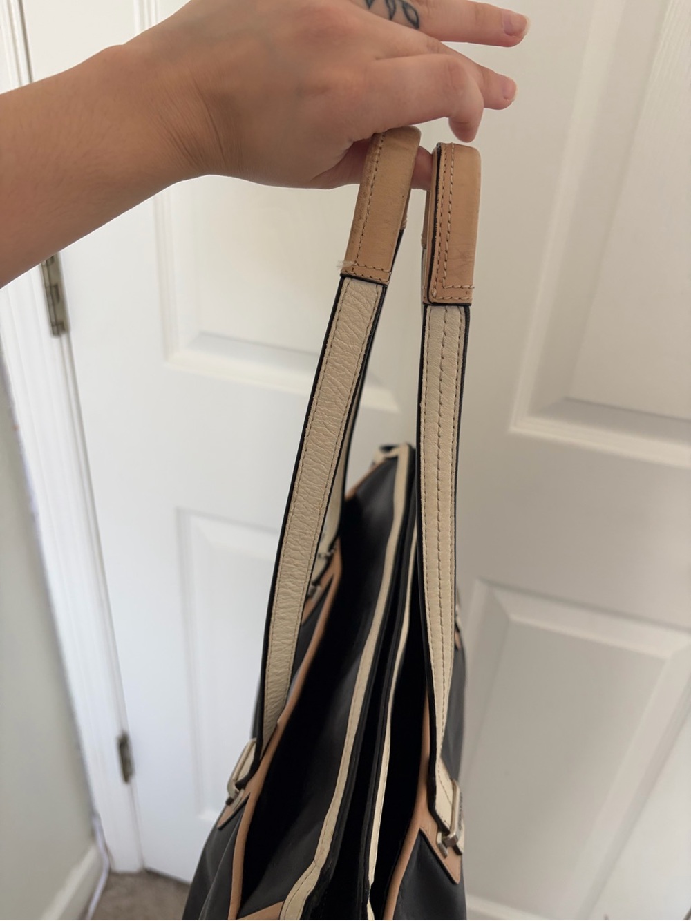 Coach Black Leather Tote with Cream Handles and Tan Trim - Picture 7 of 7